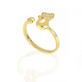 Ασημένιο δαχτυλίδι επίχρυσο με σχέδιο γάτα, καρδούλα και λευκά ζιργκόν - 
