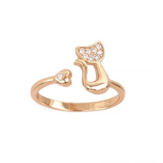 925 Sterling Silver rose gold plated ring with cat design, heart and white cubic zirconia