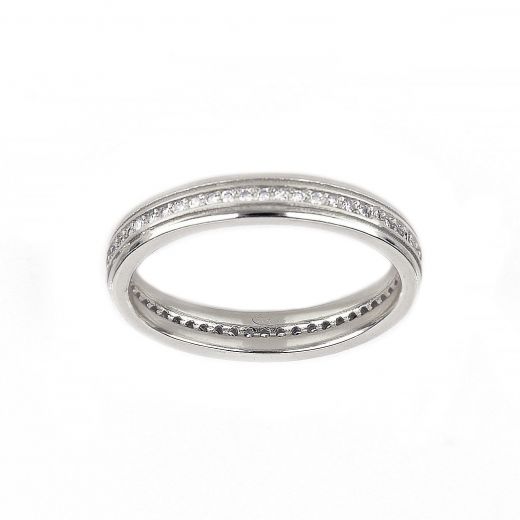 925 Sterling Silver rhodium plated wedding ring with lines and white cubic zirconia