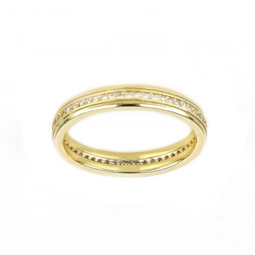 925 Sterling Silver gold plated wedding ring with embossed lines and white cubic zirconia