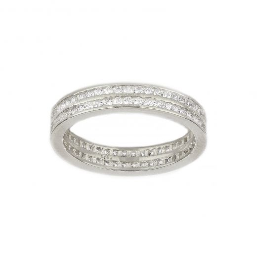 925 Sterling Silver rhodium plated wedding ring with double lines and white cubic zirconia