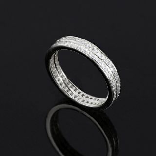 925 Sterling Silver rhodium plated wedding ring with double lines and white cubic zirconia - 