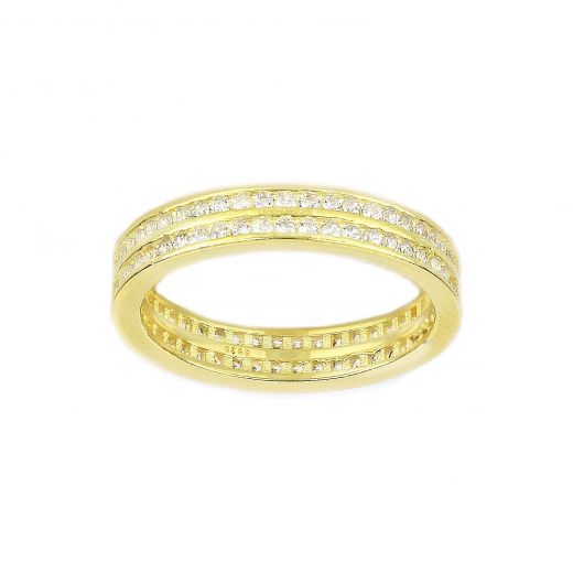 925 Sterling Silver gold plated wedding ring with double lines and white cubic zirconia