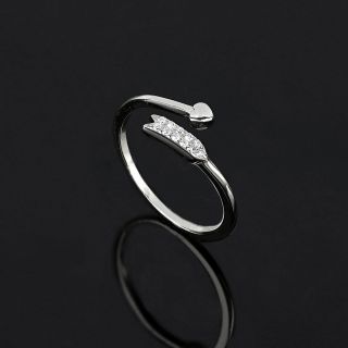 Ασημένιο δαχτυλίδι επιροδιωμένο free size με βέλος, καρδιά και λευκά ζιργκόν - 