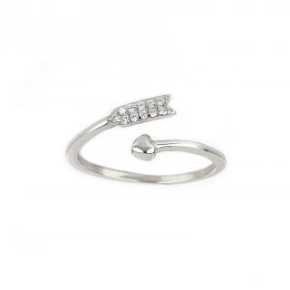 Ασημένιο δαχτυλίδι επιροδιωμένο free size με βέλος, καρδιά και λευκά ζιργκόν