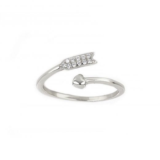 925 Sterling Silver rhodium plated free size ring with arrow, heart and white cubic zirconia