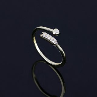 Ασημένιο δαχτυλίδι επίχρυσο free size με βέλος, καρδιά και λευκά ζιργκόν - 
