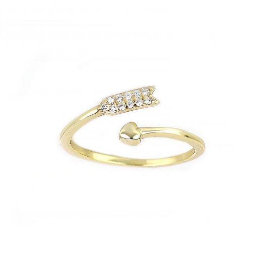925 Sterling Silver gold plated free size ring with arrow, heart and white cubic zirconia