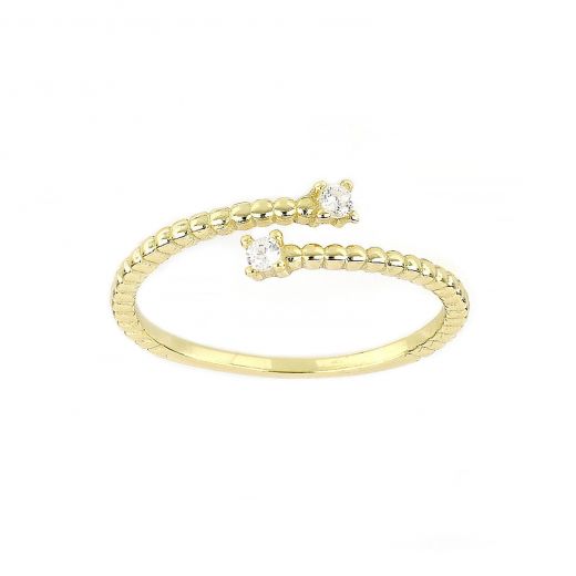 925 Sterling Silver gold plated free size ring with white cubic zirconia and a design