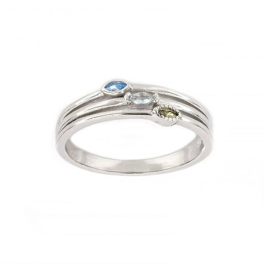 925 Sterling Silver rhodium plated ring with three lines and multicolor cubic zirconia