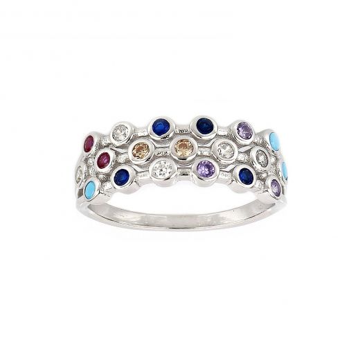 925 Sterling Silver rhodium plated ring with circles and multicolor cubic zirconia