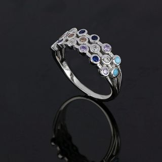 925 Sterling Silver rhodium plated ring with circles and multicolor cubic zirconia - 