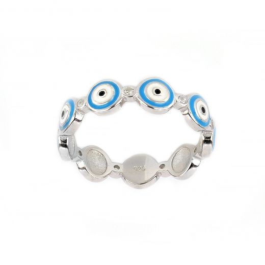 925 Sterling Silver rhodium plated ring with light blue evil eyes