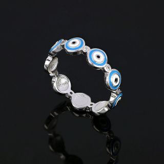 925 Sterling Silver rhodium plated ring with light blue evil eyes - 