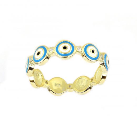 925 Sterling Silver gold plated ring with light blue evil eyes
