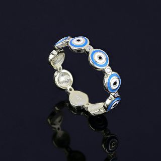 925 Sterling Silver gold plated ring with light blue evil eyes - 