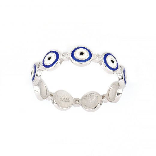 925 Sterling Silver rhodium plated ring with blue evil eyes