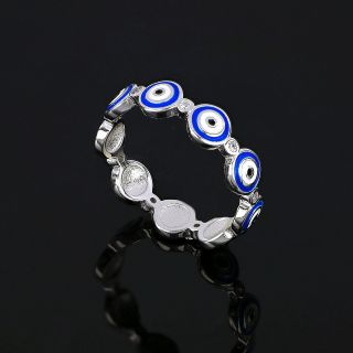 925 Sterling Silver rhodium plated ring with blue evil eyes - 