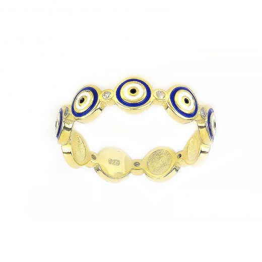 925 Sterling Silver gold plated ring with blue evil eyes