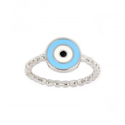 925 Sterling Silver rhodium plated ring with light blue evil eye