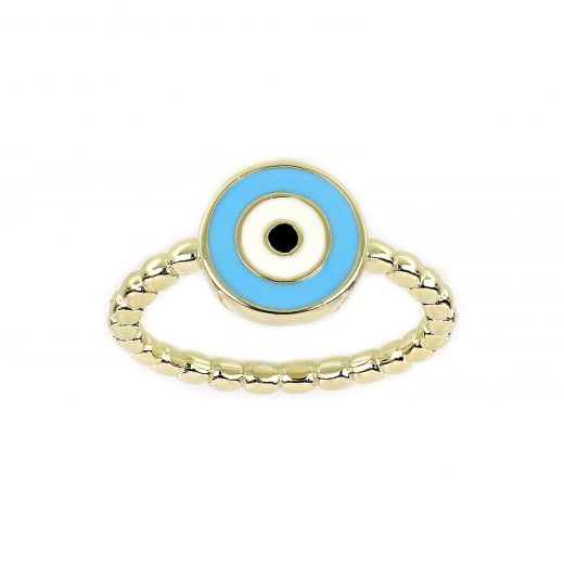 925 Sterling Silver rhodium plated ring with light blue evil eye