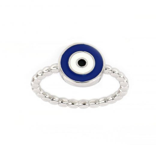 925 Sterling Silver rhodium plated ring with blue evil eye
