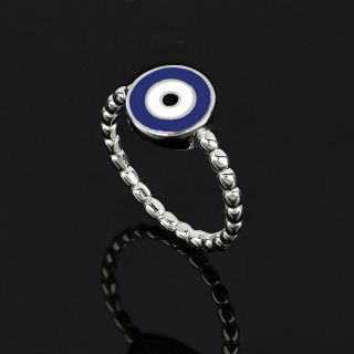 925 Sterling Silver rhodium plated ring with blue evil eye - 