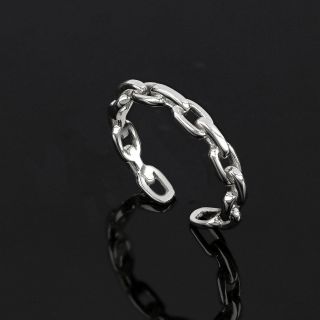 925 Sterling Silver rhodium plated free size ring with chain design - 