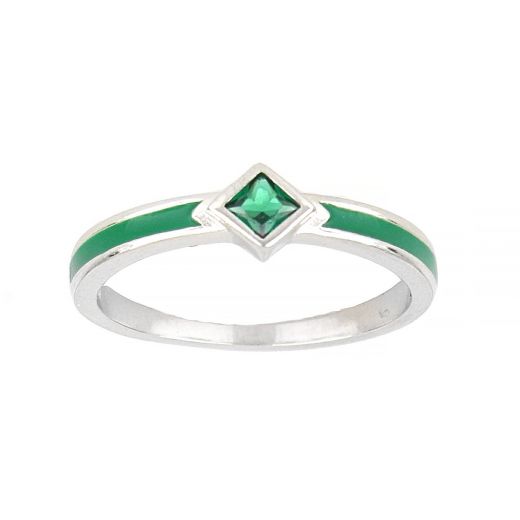 925 Sterling Silver ring with green stripes on the side and rhombus shaped green cubic zirconia