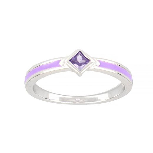 925 Sterling Silver ring with mauve stripes on the side and rhombus shaped mauve cubic zirconia