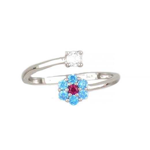 Ασημένιο δαχτυλίδι με λευκό ζιργκόν και λουλουδάκι με γαλάζια και κόκκινο ζιργκόν