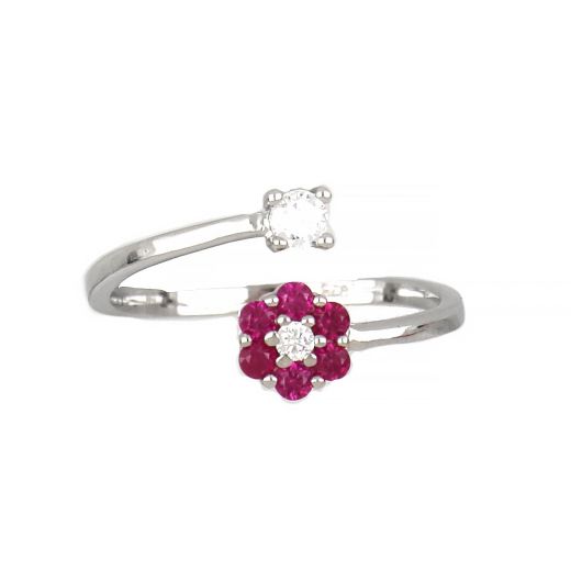 925 Sterling Silver ring with white cubic zirconia and a flower with fuschia cubic zirconia