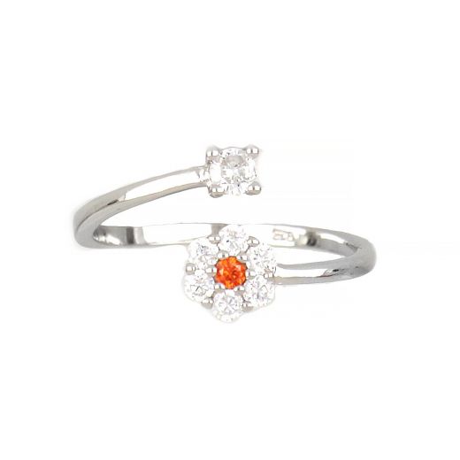 925 Sterling Silver ring with white cubic zirconia and a flower with white and orange cubic zirconia