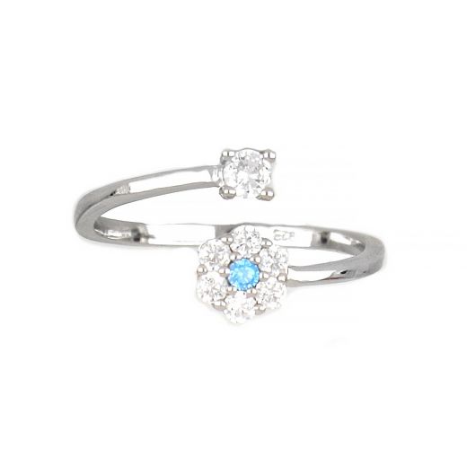 925 Sterling Silver ring with white cubic zirconia and a flower with white and light blue cubic zirconia