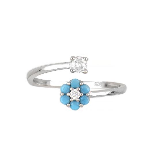 925 Sterling Silver ring with white cubic zirconia and a flower with white blue cubic zirconia and light blue stones