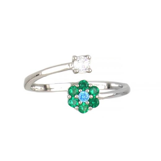 925 Sterling Silver ring with white cubic zirconia and a flower with green and light blue cubic zirconia