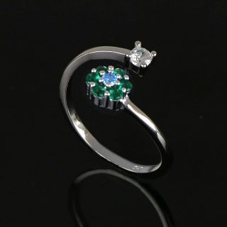925 Sterling Silver ring with white cubic zirconia and a flower with green and light blue cubic zirconia - 
