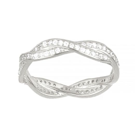 925 Sterling Silver wavy braided ring with white cubic zirconia