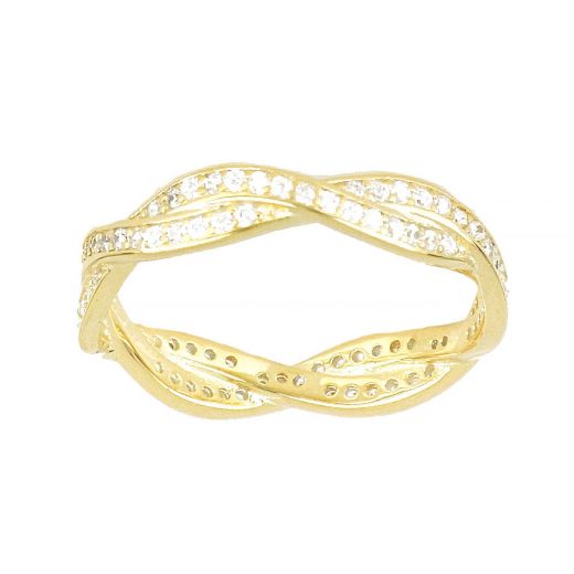 925 Sterling Silver gold plated wavy braided ring with white cubic zirconia
