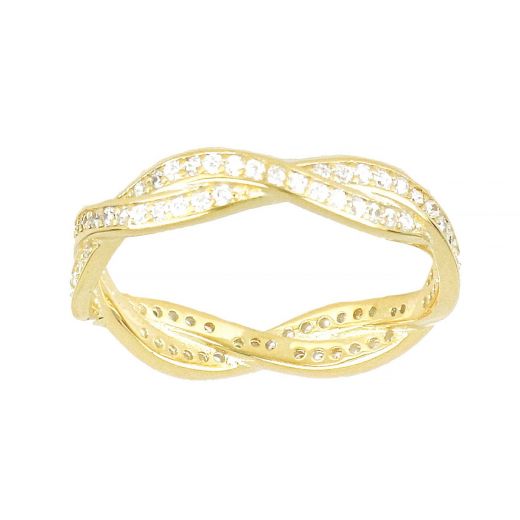 925 Sterling Silver gold plated wavy braided ring with white cubic zirconia