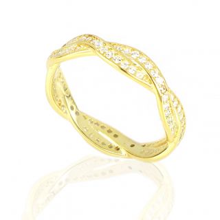 925 Sterling Silver gold plated wavy braided ring with white cubic zirconia - 