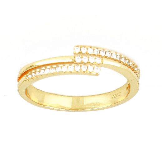 925 Sterling Silver gold plated ring with three lines and white cubic zirconia