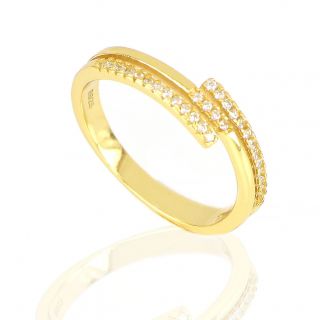 925 Sterling Silver gold plated ring with three lines and white cubic zirconia - 