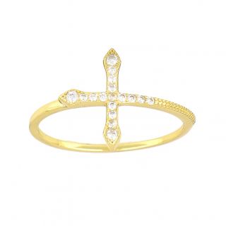 Ασημένιο δαχτυλίδι επίχρυσο με σταυρό και λευκά ζιργκόν