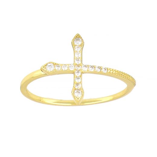 925 Sterling Silver gold plated ring with cross and white cubic zirconia