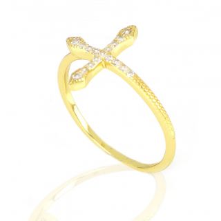 925 Sterling Silver gold plated ring with cross and white cubic zirconia - 
