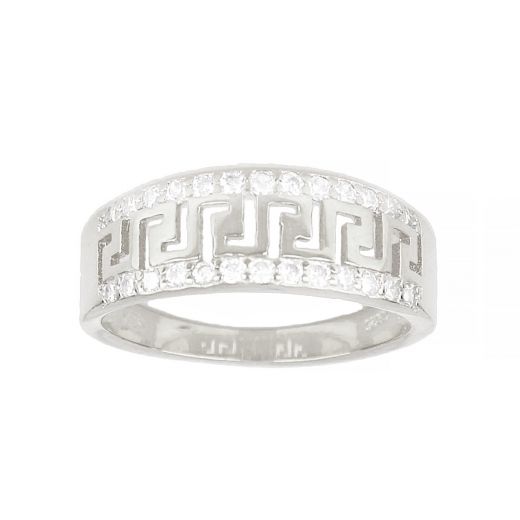 925 Sterling Silver rhodium plated ring with meander design and two rows of cubic zirconia