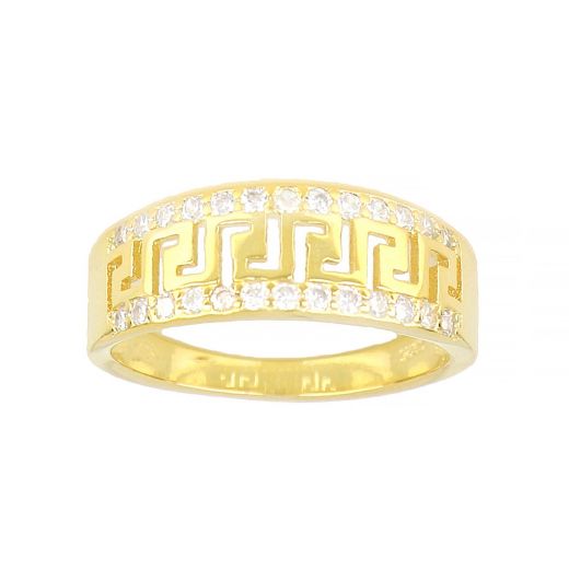 925 Sterling Silver gold plated ring with meander design and two rows of cubic zirconia