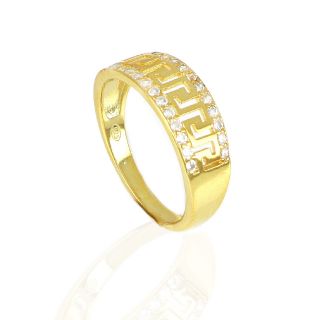 925 Sterling Silver gold plated ring with meander design and two rows of cubic zirconia - 