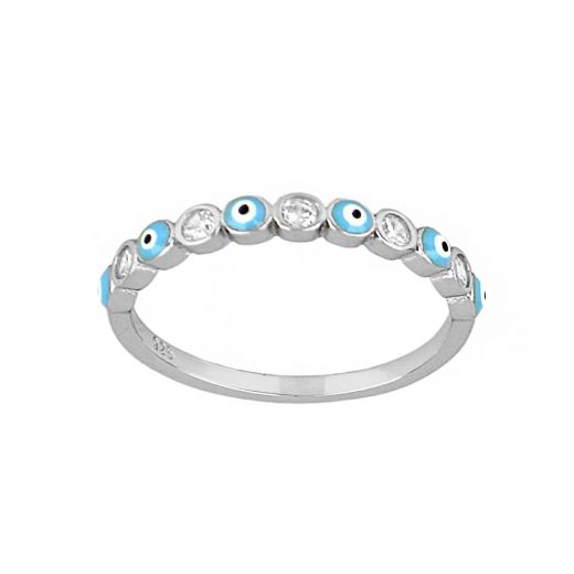 925 Sterling Silver ring with white zirconia and ligh blue evil eye